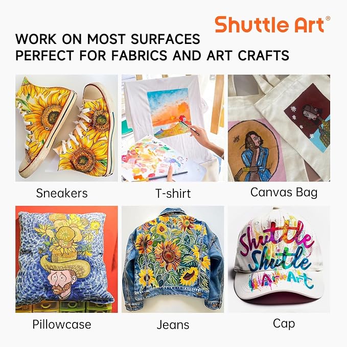 Shuttle Art Fabric Paint 24 Colors Permanent Soft Fabric Paint in Bottles (60ml/2oz) with Brushes &Stencils, Non-Toxic Textile Paint for T-Shirts, Shoes, Jeans, Bags, DIY Projects & Crafts