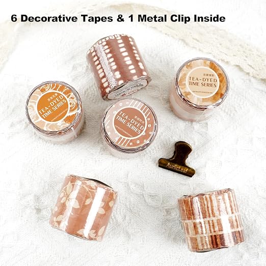 Tea-Dyed Scrapbook Washi Tape Set – 6 Rolls with Metal Clip, Torn Edge Brown Patterns Vintage Journal Collage Supplies for Junk Journal, Planner, Cardmaking & DIY Crafts