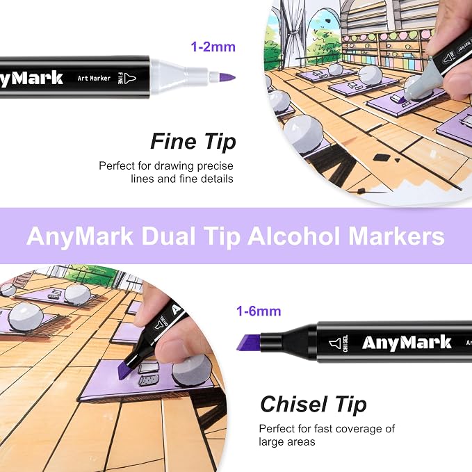AnyMark Alcohol Markers, 48 Colors Dual Tip Art Coloring Markers Set | Alcohol Based Markers for Adult Book Drawing Sketching Painting, Chisel & Fine, Black Penholder