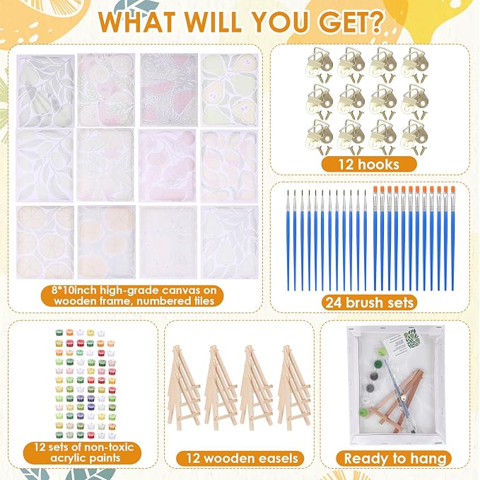 RoundFunny 12Set Paint by Numbers Kit for Adult Summer Fruit Painting 8x10 | with Wooden Frame Easel Acrylic Paints Brushes Watercolor Oil, DIY Stress Relief Paint by Number for Beginner Home Wall Decor