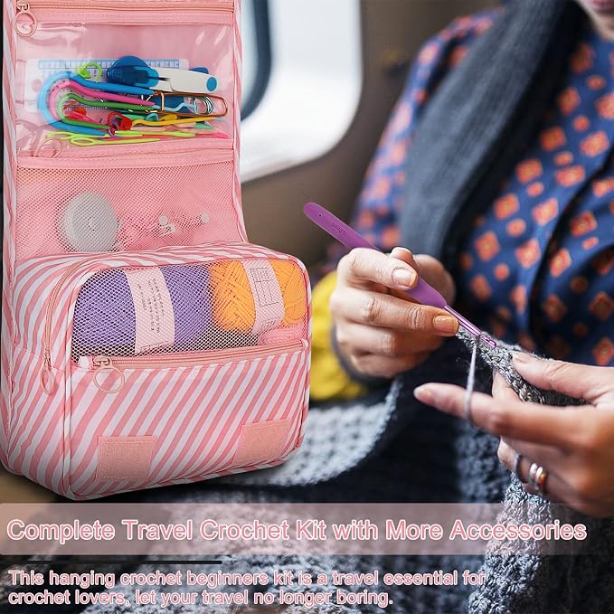 Coopay 63 Pcs Crochet Kit for Beginners, All-in-One Crochet Starter Kits | Complete Crocheting Set with Yarn, Ergonomic Crochet Hooks, Easy-to-Follow Tutorial,Storage Case-Idea Starter Kits Gift（Pink）