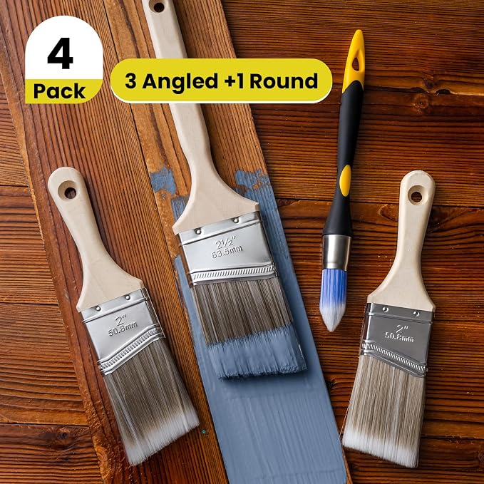 Mister Rui Paint Brushes Set, 4 Pack Angled Brushes for Trim and Wall | Synthetic Sash Brush for Cabinets & Wall Paint Brushes for Oil, Latex, No Shedding