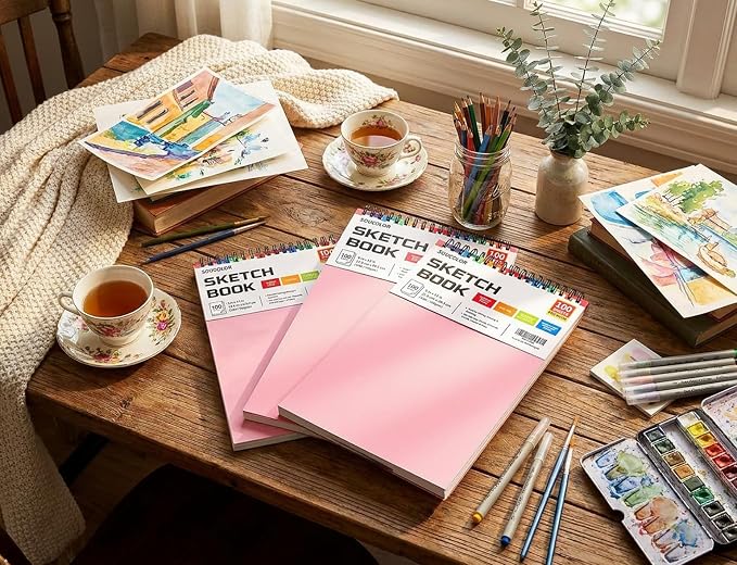 Sketchbook for Girls 9x12, 2 Pack Cute Pink Sketch Book for Teen Girls | 200 Sheets Spiral Drawing Pad, 68lb Acid-Free Erasable Paper Sketch Book for Women Teens, Art Supplies Gift Set