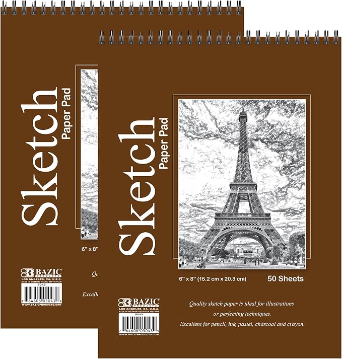 BAZIC Products Spiral Sketch Pad, Top Bound, 6 x 8 in, 50 Sheets, 2-Pack