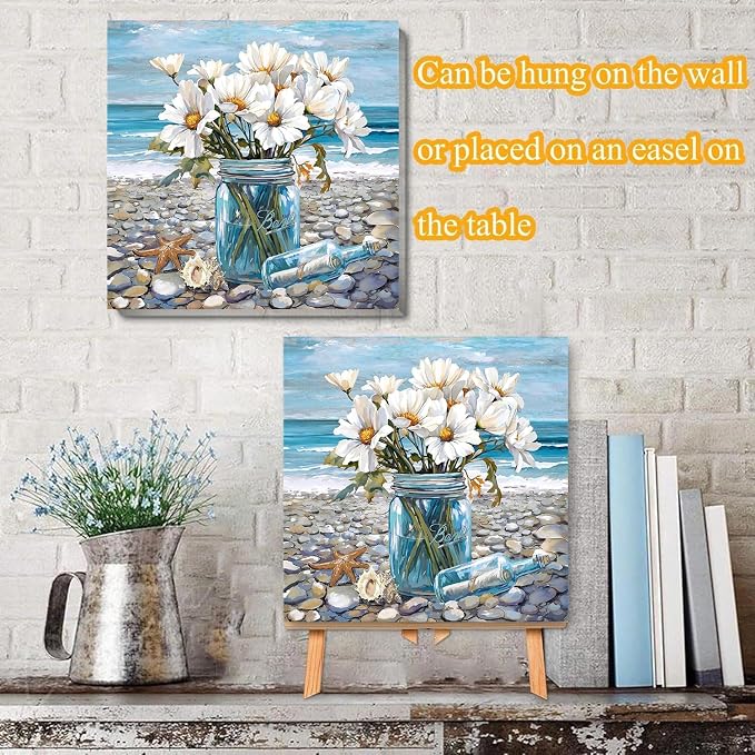 VIGEGU Beach Flowers Paint by Numbers Kit for Adults with Frame | Paint by Number for Beginner DIY Adult Paint by Number Kits for Home Decor 12x12inch