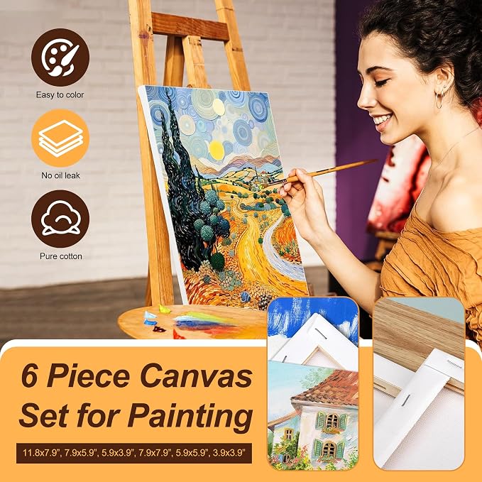 6-Piece Canvas Set for Painting – 11.8x7.9”, 7.9x5.9”, 5.9x3.9”, 7.9x7.9”, 5.9x5.9”, 3.9x3.9” Stretched Canvas Panels – White Artist Canvas Boards for Oil, Acrylic & Craft Painting (Model B)