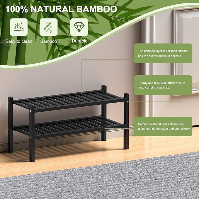 ROMGUAR CRAFT 2 Tier (Thick) Bamboo Shoe Rack for Closet Free Standing Wood Shoe Shelf for Entryway Small Space Stackable 27"x12"x14" (Black)