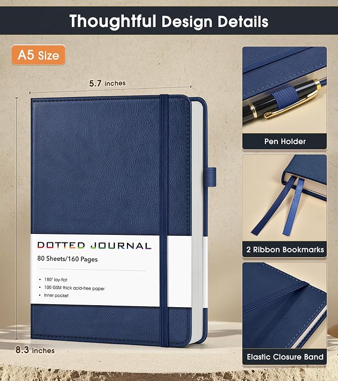 Dotted Journal Notebook, A5 Leather Hardcover, 160 Pages, 180° Lay-Flat Binding, 100 GSM Thick Paper, Dot Grid for Bullet Journaling, Planning & Daily Organization (Navy)