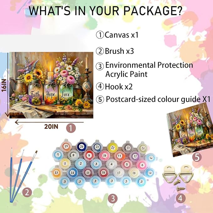 Faith Hope Love Wishing Bottle Paint by Numbers Kit for Adults 16x20 inch | Adult Paint by Number Kits on Canvas, DIY Acrylic Oil Painting by Numbers for Gift Home Wall Decor (Without Frame)