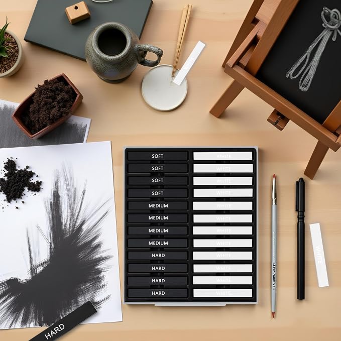 24 Pcs Compressed Charcoal Sticks with Soft, Medium, Hard and White Charcoal, Square Charcoal Stick Kit for Drawing, Sketching and Shading (12 Black and 12 White)