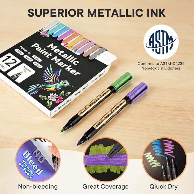 HOTU Metallic Marker Pens,12 Colors, 2MM Medium Tip for Black Paper