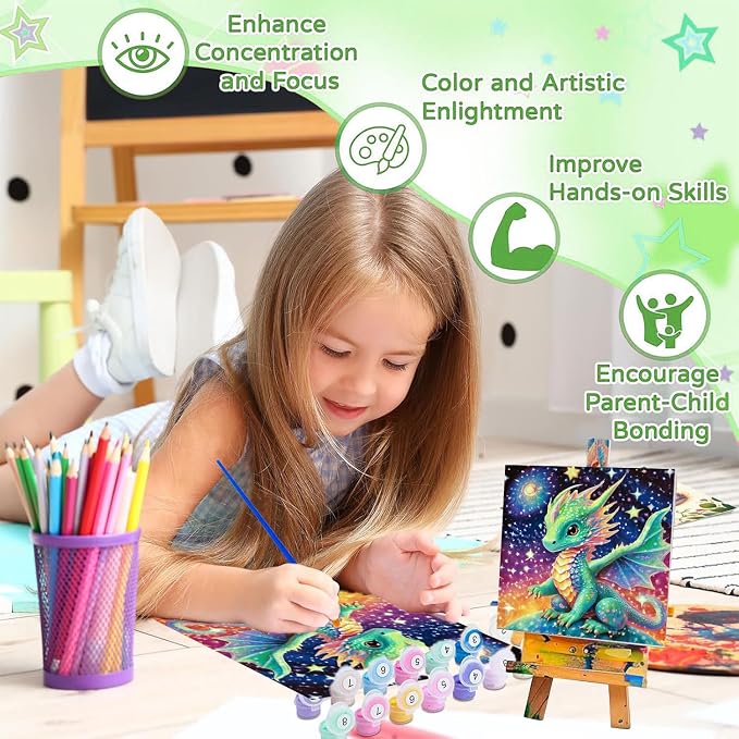 cviokrdu Dragon Paint by Numbers Kit for Kids with Frame - Wooden Easel, Dragon Paint by Numbers for Kids Ages 4 8 12, Easy Acrylic Oil Painting Kits for Home Wall Decoration 8x8 inch
