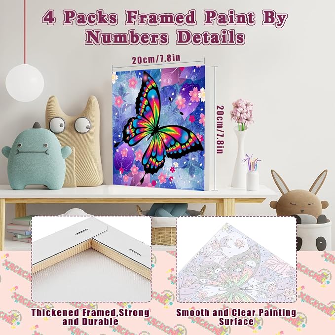 4 Pack Butterfly Paint by Number for Kids with Wooden Frame - Wooden Easel | Paint by Numbers for Kids Butterflies Ages 4-8-12, Easy Painting with Number Oil Painting Kits for Home Wall Decor (8X8 inch)
