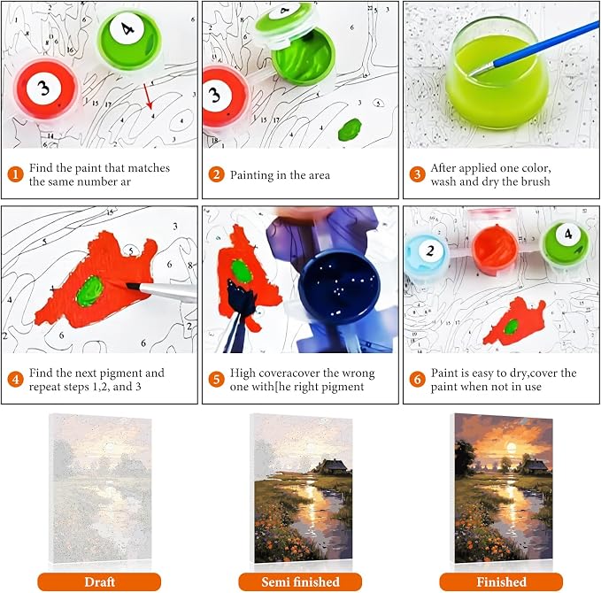 Sunset Paint by Numbers Kit for Adults Beginner 16x20 Inch, Countryside | With Rolled Canvas, DIY Acrylic Painting by Numbers Riverside Cabin Landscape, Stress Relief Craft Kits, For Home Decor Gift