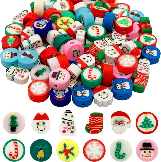 100 Pcs Christmas Polymer Clay Beads Cartoon Heishi Spacer Beads Supplies for DIY Bracelet Earring Necklace Jewelry Making