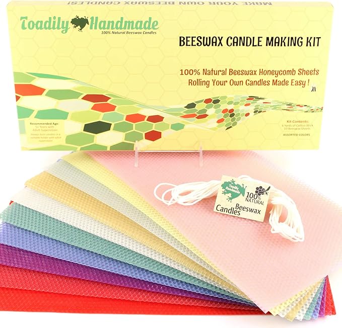 Beeswax Candle Making Kit with 10 Full Size (16" x 8") Honeycomb Beeswax Sheets in Assorted Colors and 18 Feet of Cotton Wick - Candle Making Supplies for DIY Craft Kit Made in USA