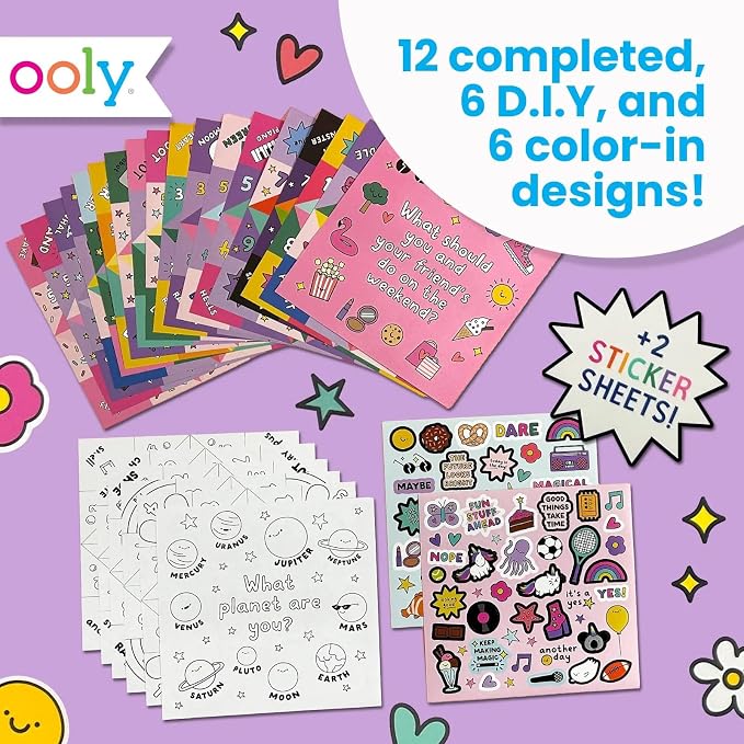 Ooly DIY Origami Fortune Teller Kit, Cootie Catcher, 24 Designs & Stickers | Ages 6+, Includes 12 Completed, 6 Blank, and 6 Coloring Folding Fortune Tellers, Fun Screen-Free Craft Activity Gift for Kids