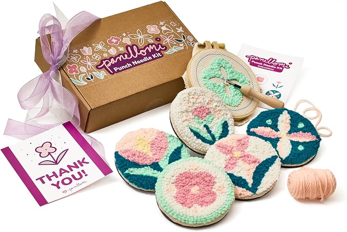 Panellomi Flower Punch Needle Kit for Beginners DIY Punchneedle Embroidery Starter Kit with Yarn, Fabric, Needle Punch Tool, Scissors, and Instructions for 6 Easy Craft Floral Design Coasters