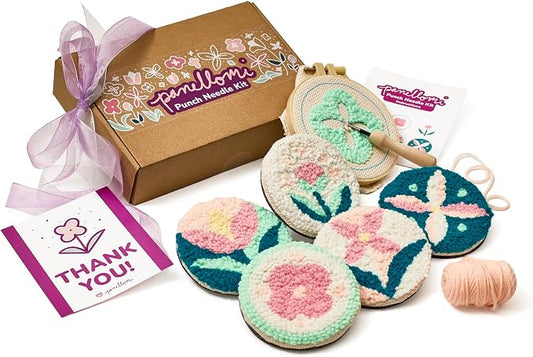 Panellomi Flower Punch Needle Kit for Beginners DIY Punchneedle Embroidery Starter Kit with Yarn, Fabric, Needle Punch Tool, Scissors, and Instructions for 6 Easy Craft Floral Design Coasters
