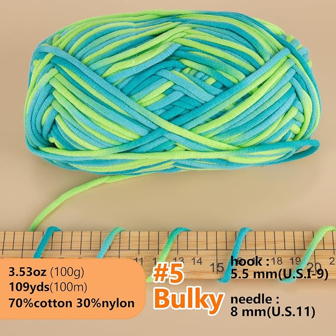 LUCKY BALL Yarn for Crocheting, 100g / 109 yd 70% Cotton 30% Nylon #5 Bulky Tube Yarn, Soft Crochet & Knitting Yarn for Bags, Hats, Socks, Sweaters, Blankets(Grass Green)