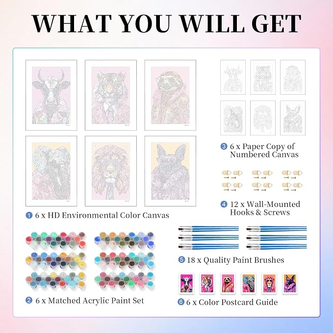 6 Pack Paint by Numbers Kit for Adults, Colorful Animal Canvas Painting Set | 8x12 Inch, DIY Acrylic Painting Craft Kit for Beginners without Frame, Relaxing Creative Hobby, Home Wall Decor, Gift