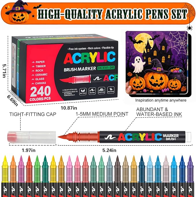Amamao 240 Colors Soft Brush Tip Acrylic Paint Markers for Rock Painting