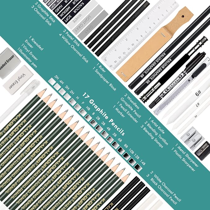 KALOUR 83-Pack Sketch Drawing Pencils Kit with Sketchbook | Graphite,Charcoal Pencils and Artists Tools,Pro Art Drawing Supplies for Adults Beginners,ideal for Sketching Shading