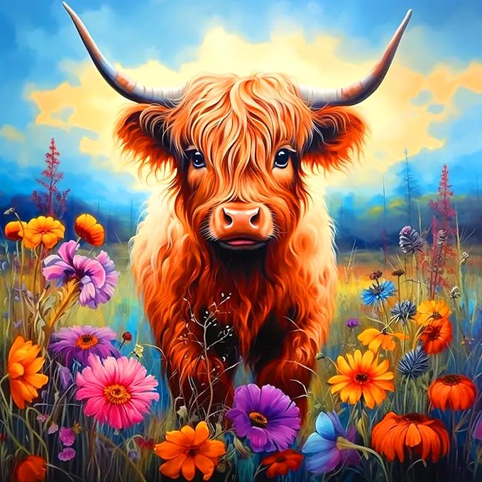 ijbnhd 5D Cow Diamond Painting Art Kits, Highland Cow, 14x14inch