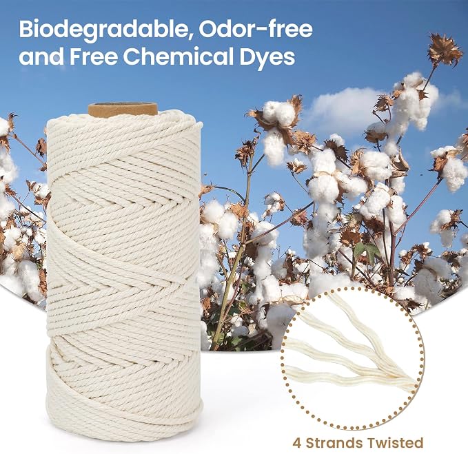 Macrame Cord 4mm x 109Yards (328Feet), Natural Cotton Macrame Rope - 4 Strands Twisted Macrame Cotton Cord for Wall Hanging, Plant Hangers, Crafts, Gift Wrapping and Wedding Decorations, Beige