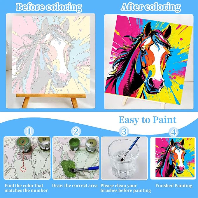 Arttoplus 4 Pack Paint by Numbers Kit for Kids with Frame, Animals 8x8in | Kids Paint by Numbers Ages 4-8-12 with Wooden Easel, Dinosaur Cow Horse Giraffe Oil Painting by number for Gift Home Decor