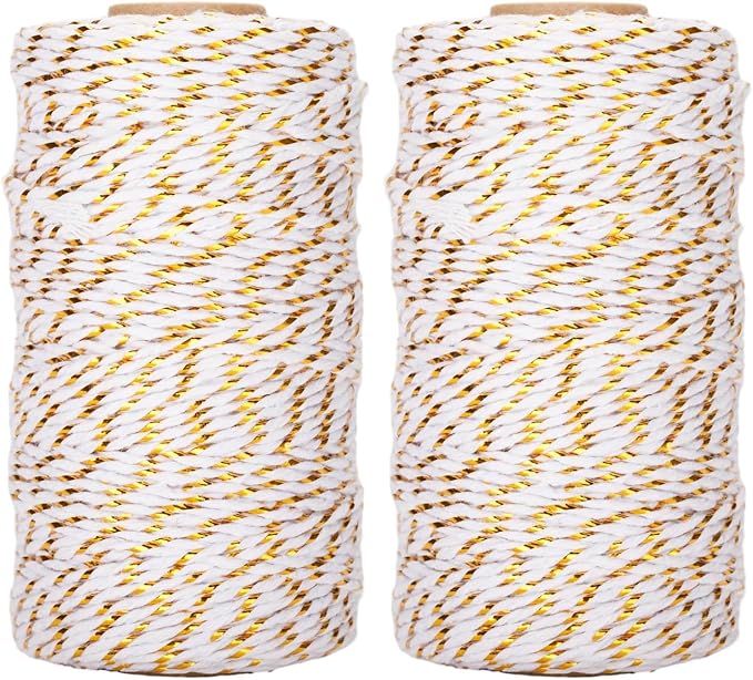 jijAcraft 328Ft White Gold Twine String, 2MM Bakers Cotton String, Heavy Duty Wrapping Twine for Wedding, Birthday, Bridal Shower (Pack of 2)