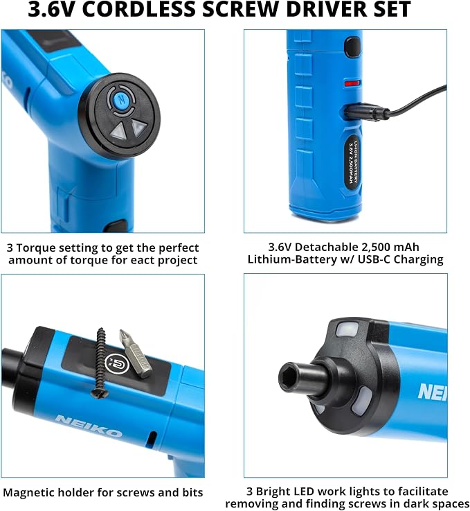 NEIKO 10580A Electric Screwdriver, 34pc Rechargeable Cordless Screwdriver Set, 1/4” Hex Shank 3.6V Lithium Ion Power Screwdriver, 3 LED Lights, USB C Charger Included, Mini Screw Driver