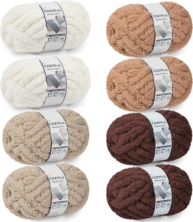 Cozyful Chunky Yarn for Hand Knitting - #10 Chunky Chenille Yarn, Jumbo Big Thick Chunky Yarns for Crocheting, Super Bulky Chunky Knit Blanket Yarns, 8 Skein (22yd, 8oz/Skein), Cream & Multi Coffee