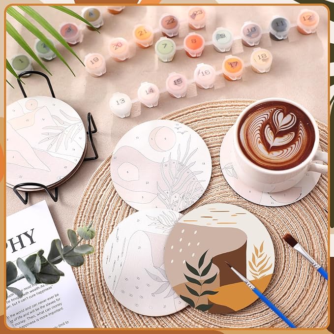 Reallnaive 8 Pcs Boho Paint by Numbers Kit for Adults Wooden Coasters | Mini Paint by Numbers, Tiny Cute Round Oil Painting Drink Coaster with Holder, for Small DIY Craft Birthday Gift