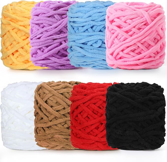 Buryeah 8 Pack Chunky Chenille Yarn for Crocheting, Simple Colors