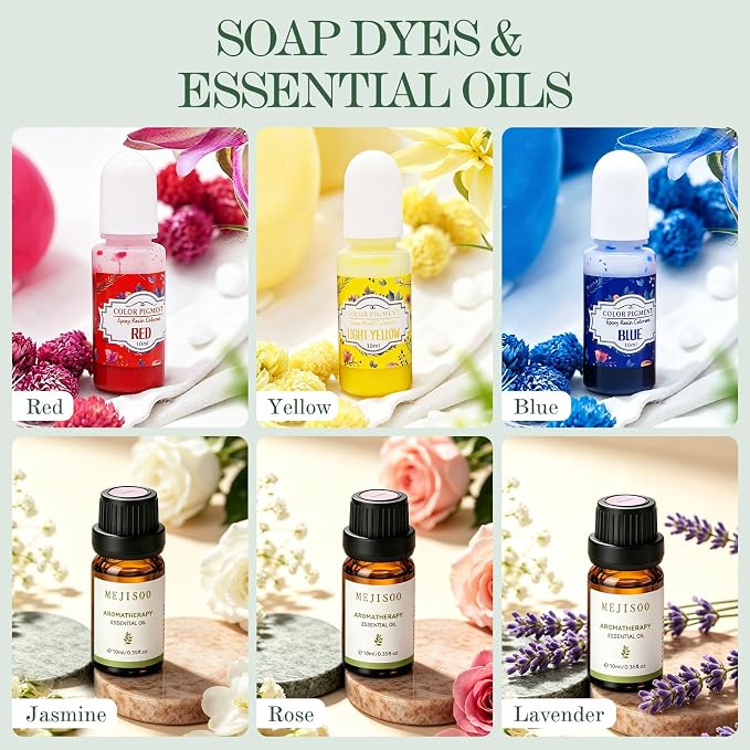 Soap Making Kit for Adults & Beginners Complete Soap Making Supplies | 3.3lb Glycerin Soap Base, 3 Dyes & Essential Oils, 3 Silicone Molds, Soap Cutter & Gift Packaging, Handmade Soap Crafts Kits