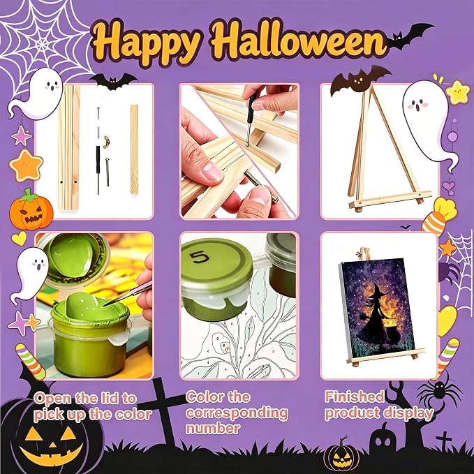 Halloween Paint by Numbers for Adults with Framed Canvas - Wooden Easel | 4 Pack Paint by Number on Canvas, DIY Halloween Acrylic Oil Painting Kits with Brushes for Home Wall Decor (8x12 inch)