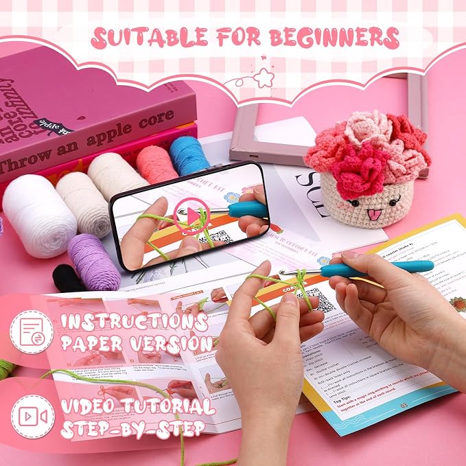 Hssugi Crochet Kit for Beginners, 6PCS Potted Plant Coasters Crochet Kit | Coasters Crochet Kit with Step-by-Step Video Tutorials, Crochet Hooks, Learn to Crochet Kits for Adult Beginners