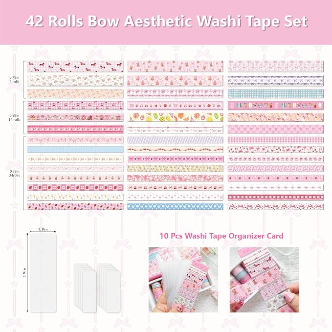 Bomichi Washi Tape Set - 42 Rolls Cute Pink Bow Decorative Scrapbook Tape
