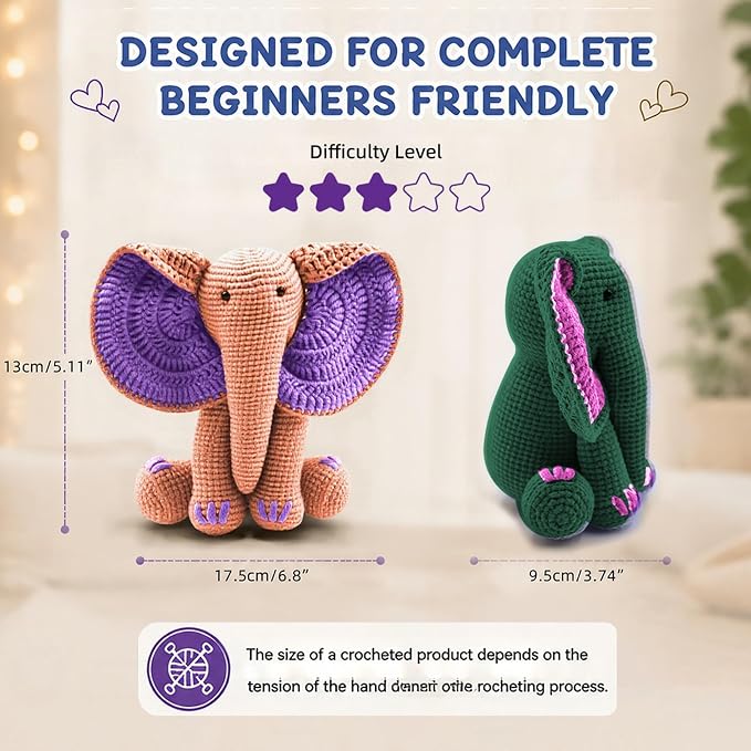 JYZJDKE Crochet Kit for Beginners Adults - DIY Amigurumi Elephant Knitting Starter Kit with Yarn Sets, Crochet Animal Kit Cute Stuffed Animal Craft Birthday Gifts (Dark Green+Flesh Pink Elephant)