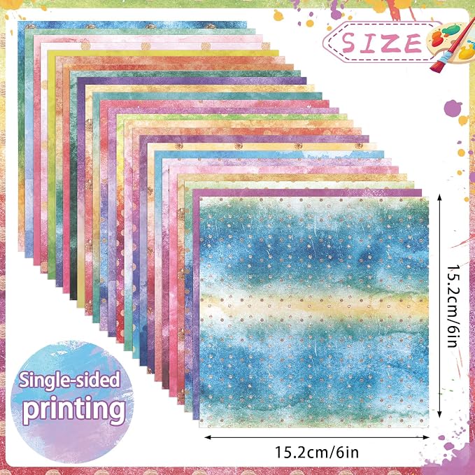 Konsait 24 Sheets Watercolor Scrapbook Paper 6x6, Single Sided Watercolor Decorative Paper Origami Papers for Card Making Scrapbook Supplies (24 designs)