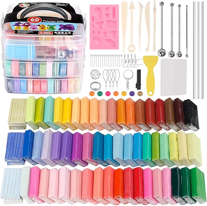 CiaraQ 60-Color Polymer Clay Oven Bake Modeling Kit | 12 sculpting tools, 3-layer storage box, acc. pack, guide. Great for school, home, gifts, kids & artists.