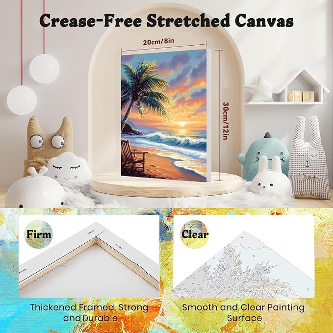 4 Pack Beach Paint by Numbers for Adults with Framed Canvas - Wooden Easel | Beach Paint by Number on Canvas, DIY Sea Turtle Acrylic Oil Painting Kits with Brushes for Home Wall Decor (8x12 inch)