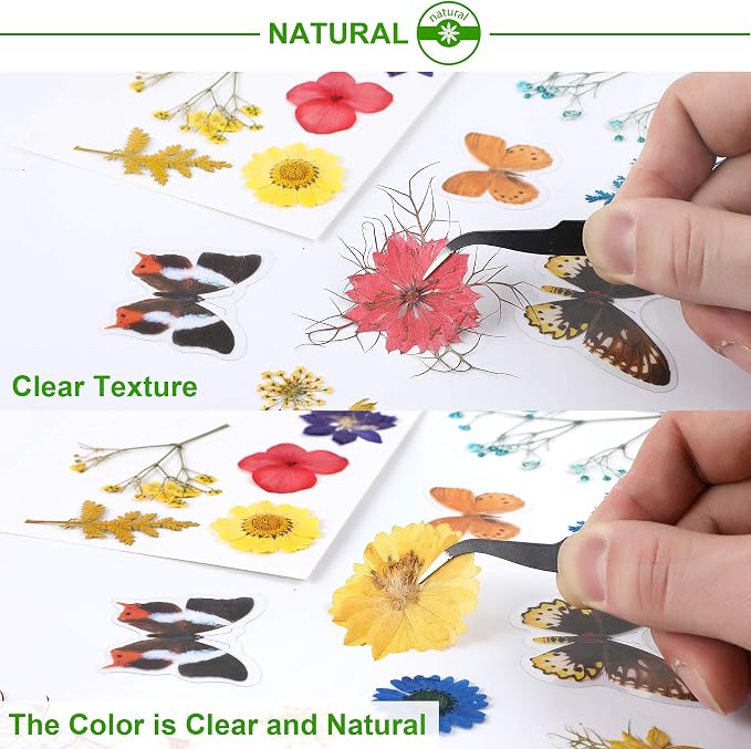 Augshy Real Dried Pressed Flower Set with Butterfly Transparent Stickers Scrapbook Decals Natural Dried Flowers Leaves with Tweezers for Resin Supplies DIY Candle Jewellery Making