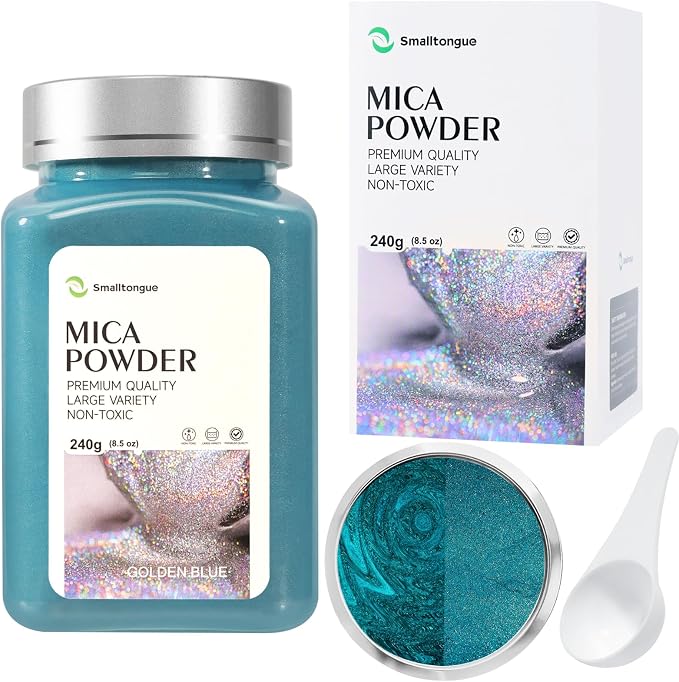 Mica Powder, Golden Blue, 240g with Scoop, Complies with ASTM D-4236 | For Epoxy Resin, Soap, Bath Bomb, Candle| Safety Material| Odorless| Brilliant Colors