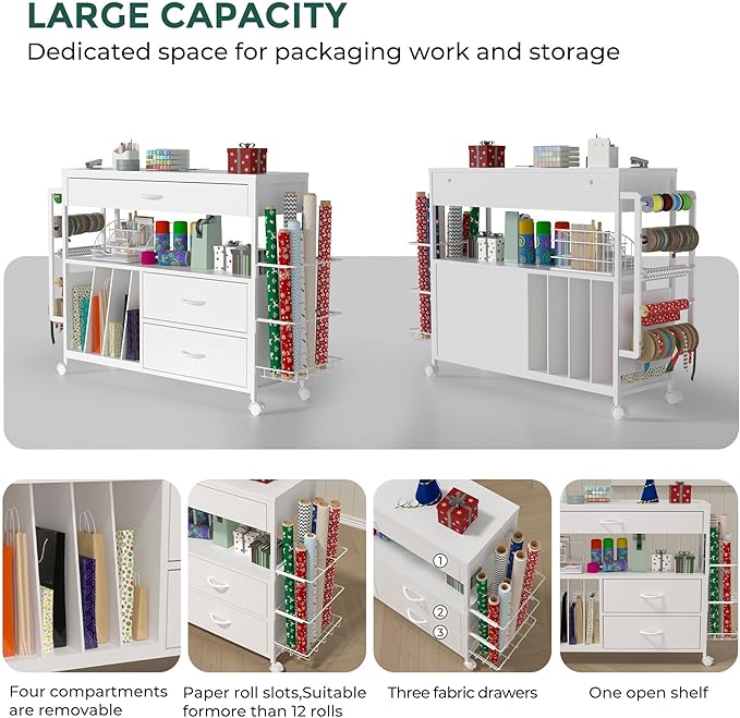 Wrapping Paper Storage & Organizer, Craft Cart with Ribbon & Gift Bag Storage, Wrapping Paper Organizer Holder(3 Wooden Drawers-White)