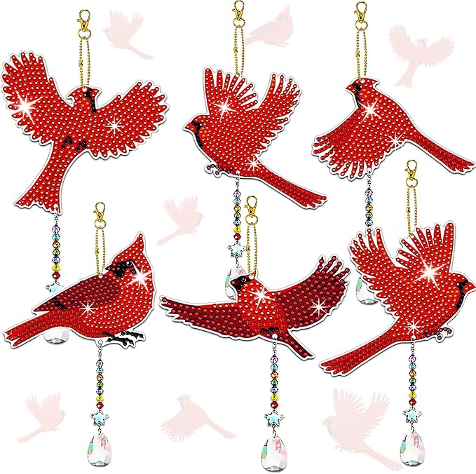 6 Pcs Cardinal Bird Diamond Painting Wind Chimes 5D DIY Diamonds Painting Suncatcher Ornament Double Sided Diamond Art Suncatcher Hanging Crystal Pendant Best Gifts for Mom