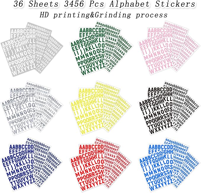 PRSTINCOL 3456 Pcs 36 Sheets Colorful Alphabet Stickers Pad, 9 Colors Self Adhesive Letter Number Stickers Vinyl Waterproof Decals for Mailbox Gift Decoration Door Classroom Decor DIY Crafts