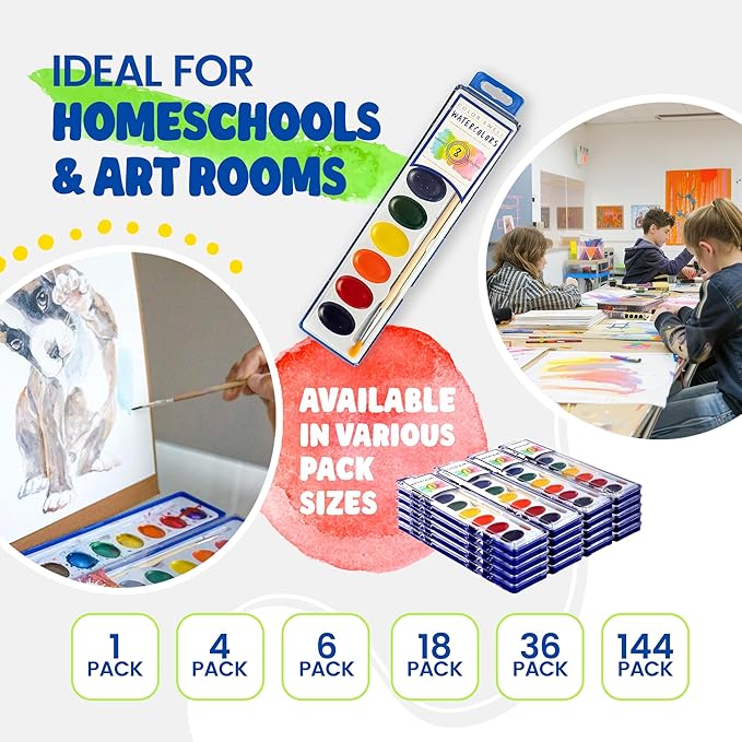 Color Swell 8 Color Bulk Watercolors with Wood Brushes, 144 Pack
