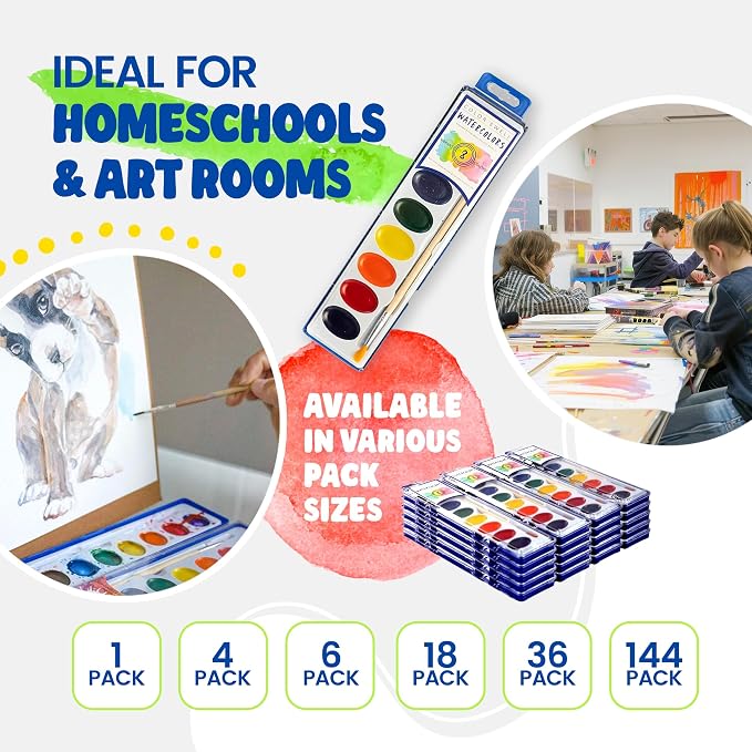 Color Swell 8 Color Bulk Watercolors with Wood Brushes, 6 Pack